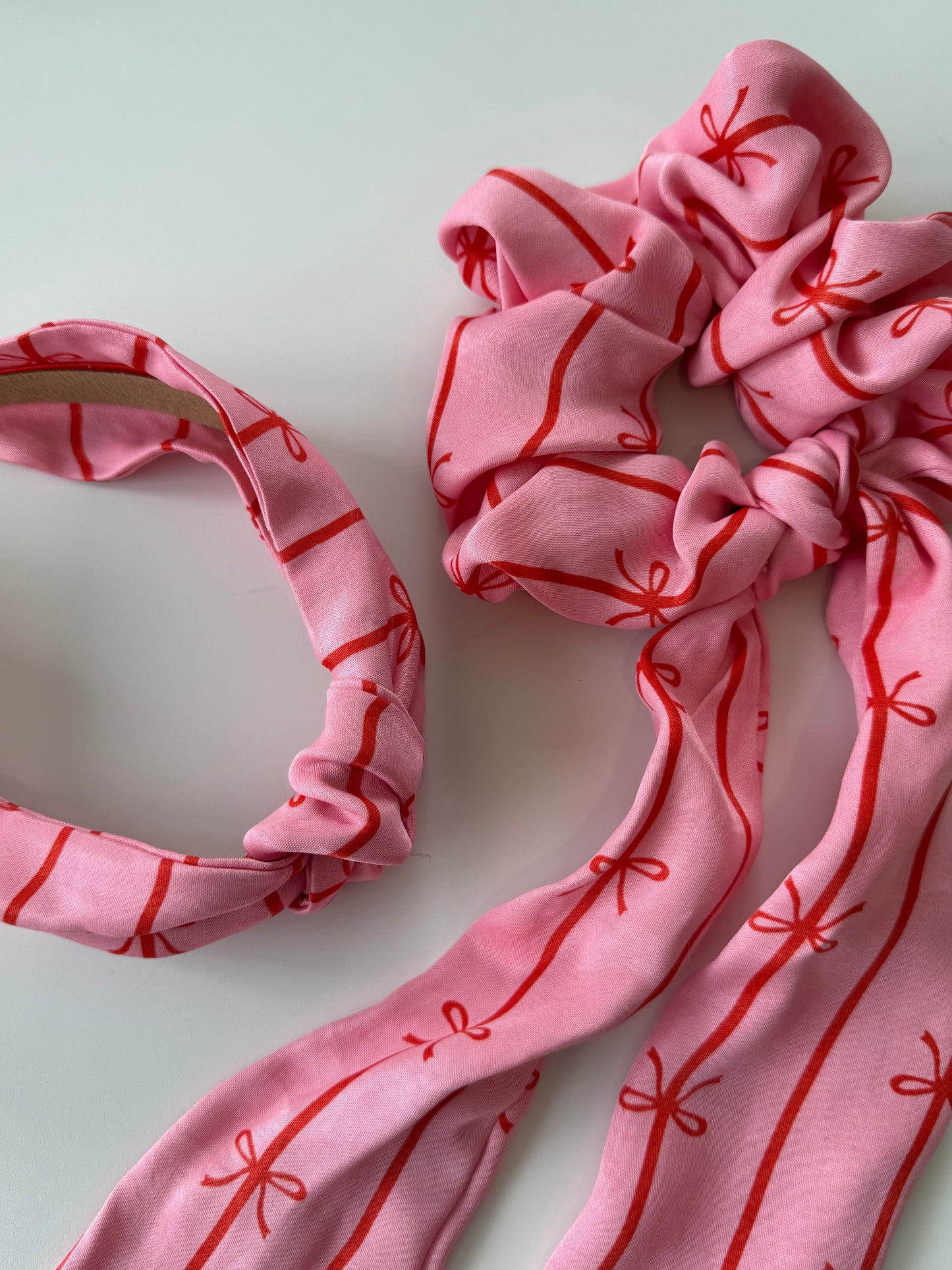 Red Bow Stripe Scarf Scrunchie – Handmade & One of a kind