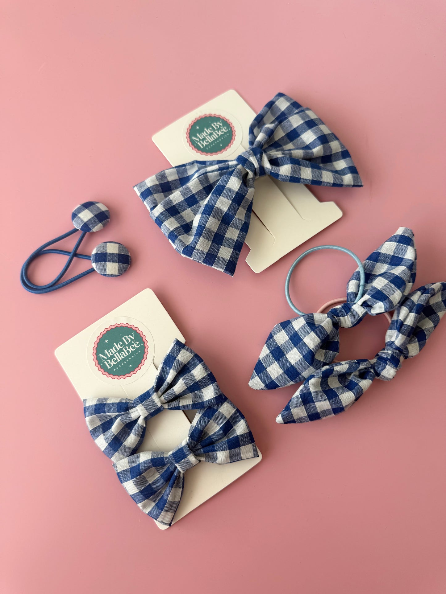 Blue Gingham Fabric Bow Clip Pair