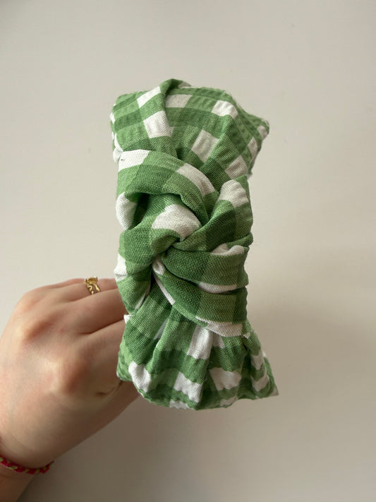 Boho Knotted Headband – Textured Green Gingham