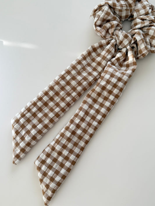 Upcycled Coffee Gingham Scarf Scrunchie – Handmade & One of a Kind