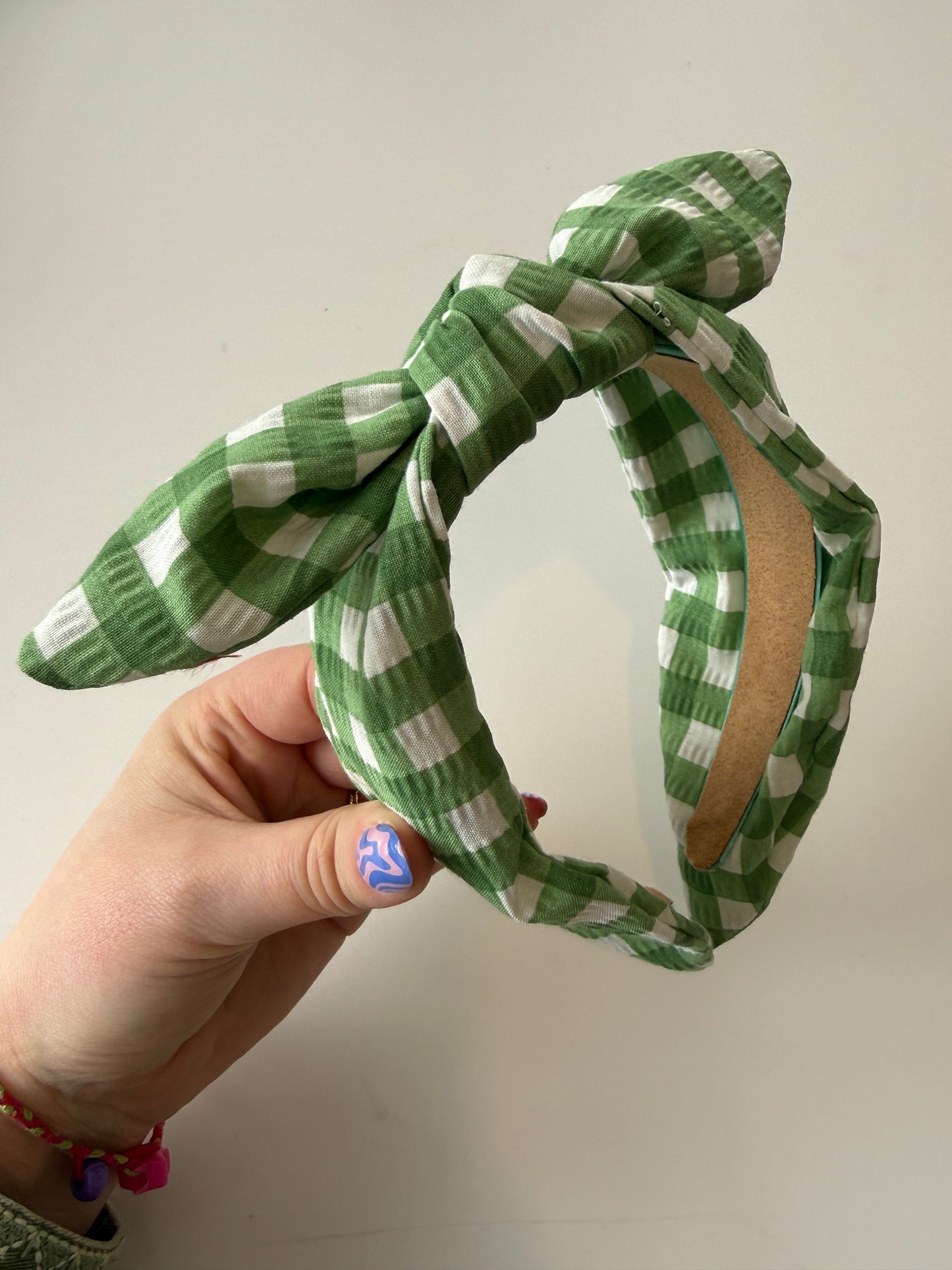 Boho Bow Headband – Textured Green Gingham