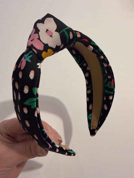 Boho Upcycled Knotted Headband – Black Floral