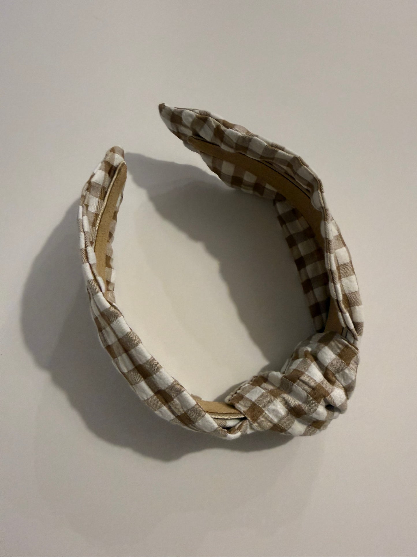 Boho Upcycled Knotted Headband – Coffee Gingham