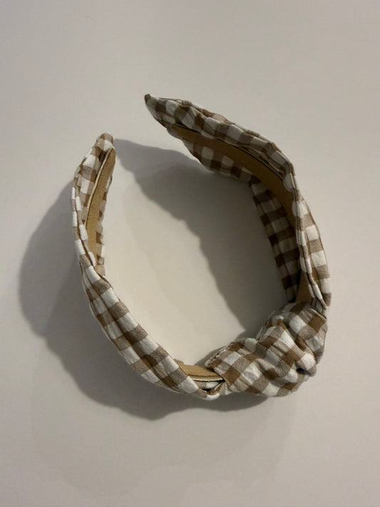 Boho Upcycled Knotted Headband – Coffee Gingham