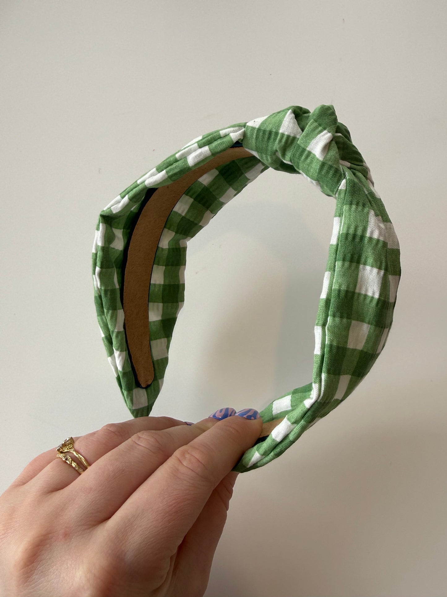 Boho Knotted Headband – Textured Green Gingham