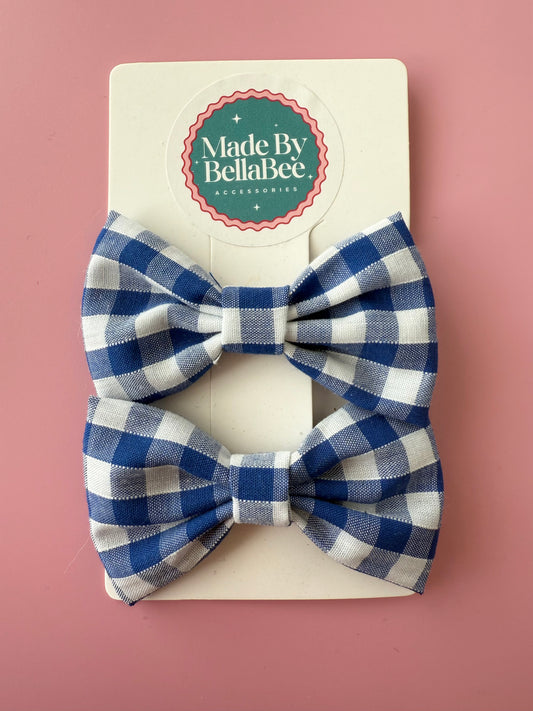 Blue Gingham Fabric Bow Clip Pair