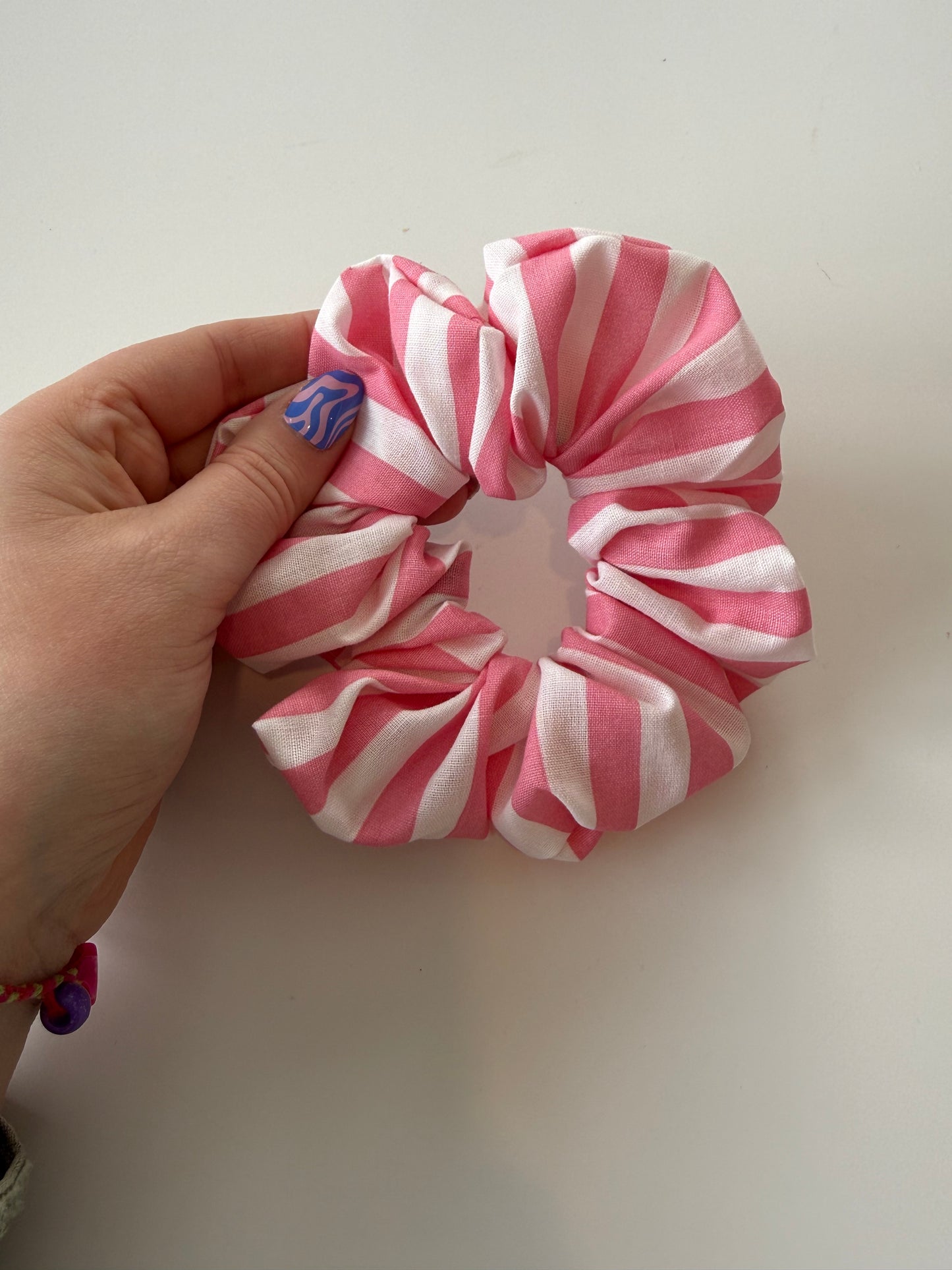 Boho Pink Candy Stripe Hair Scrunchie – Handmade