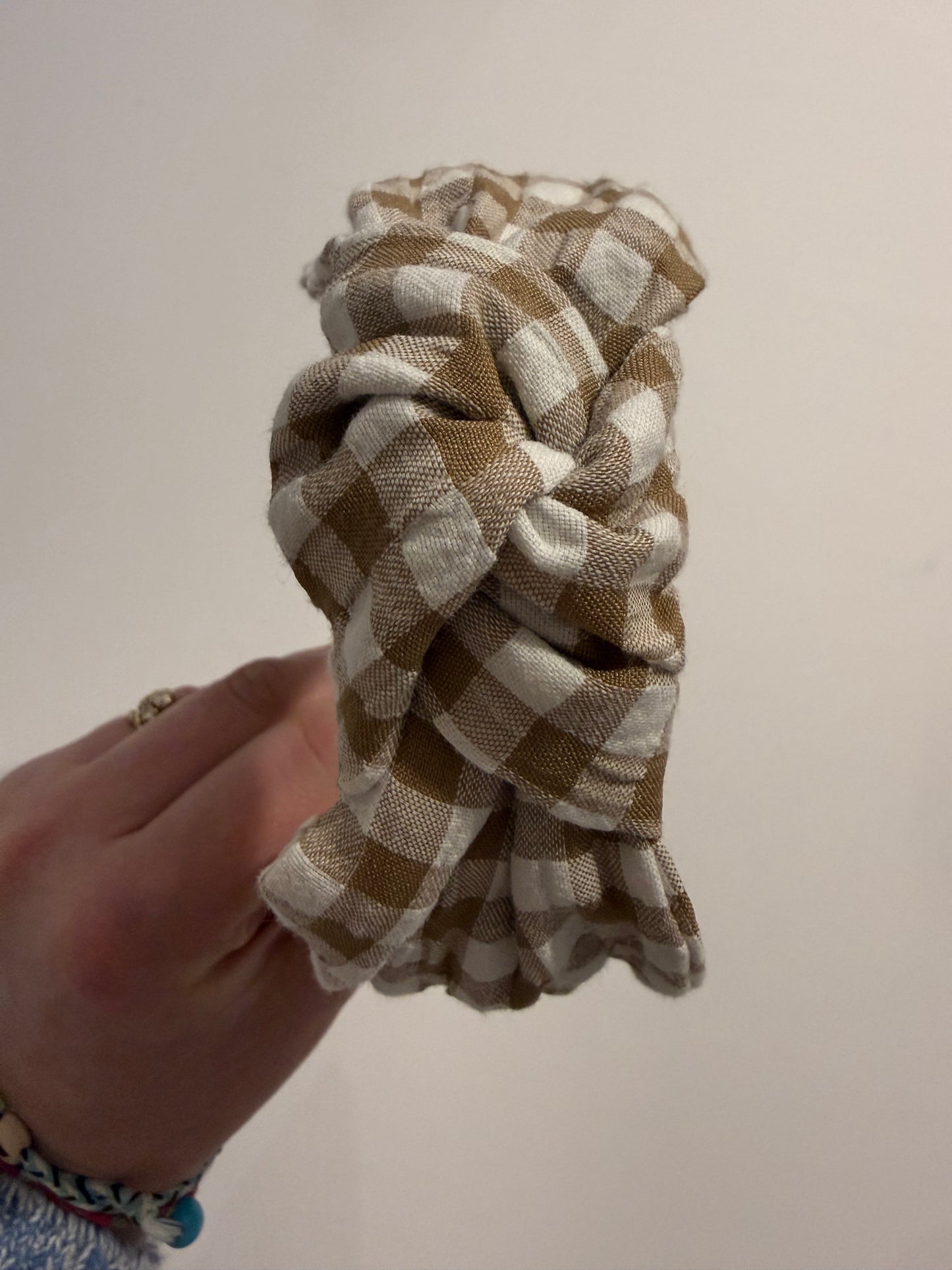 Boho Upcycled Knotted Headband – Coffee Gingham