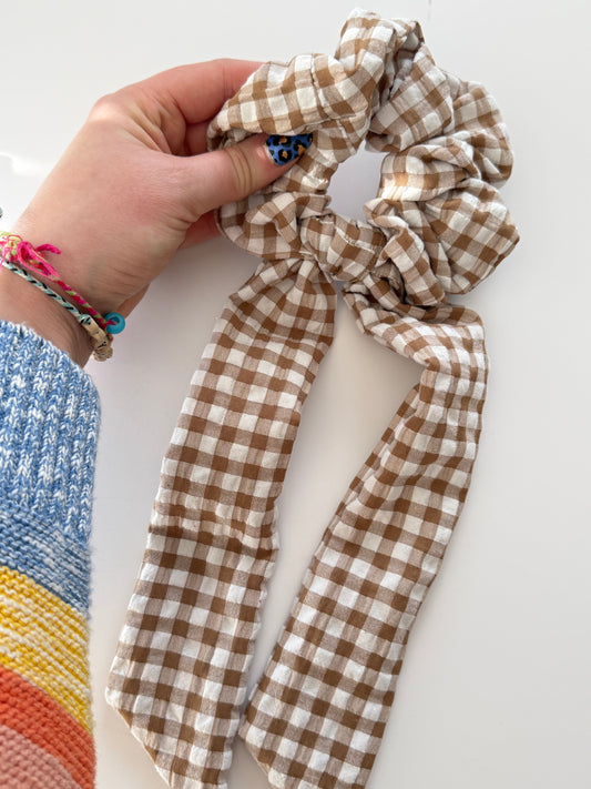 Upcycled Coffee Gingham Scarf Scrunchie – Handmade & One of a Kind