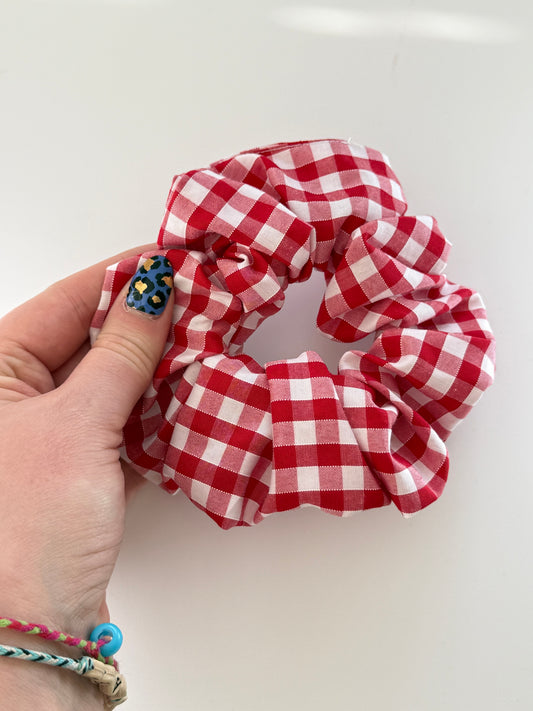 Boho Upcycled Red Gingham Hair Scrunchie – Handmade & One of a Kind