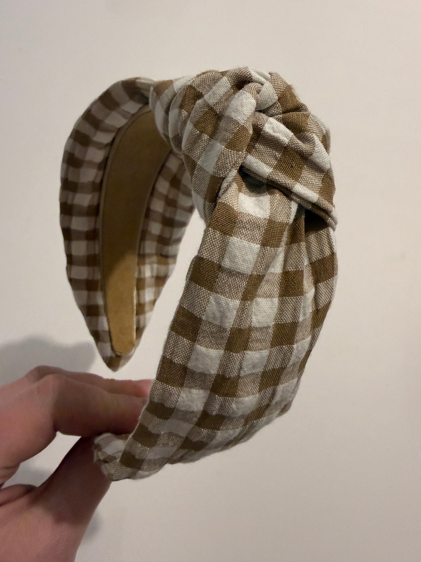 Boho Upcycled Knotted Headband – Coffee Gingham