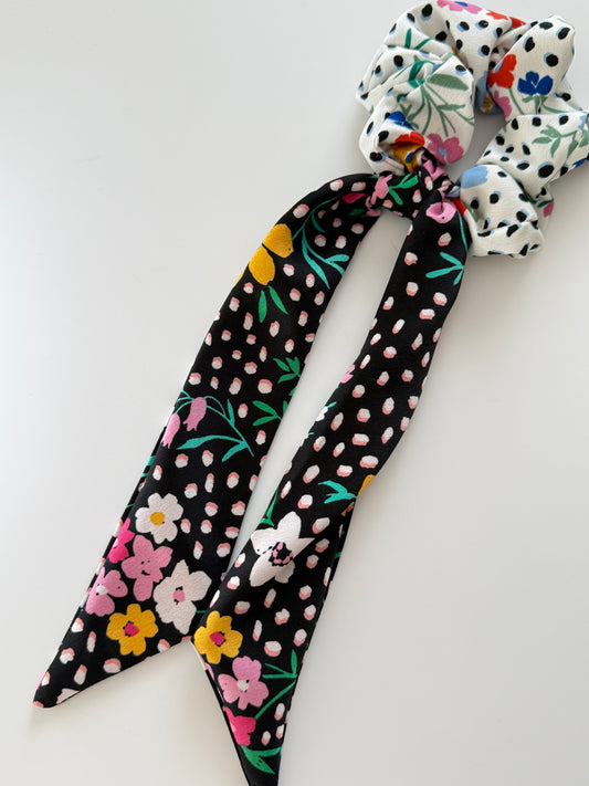 Upcycled Two-Tone Floral Scarf Scrunchie – Handmade & One of a Kind