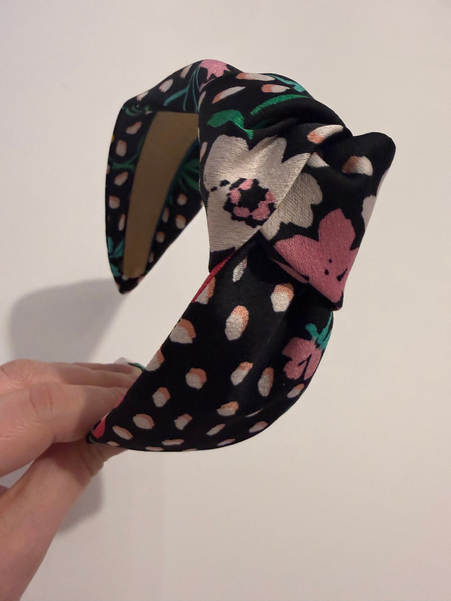 Boho Upcycled Knotted Headband – Black Floral