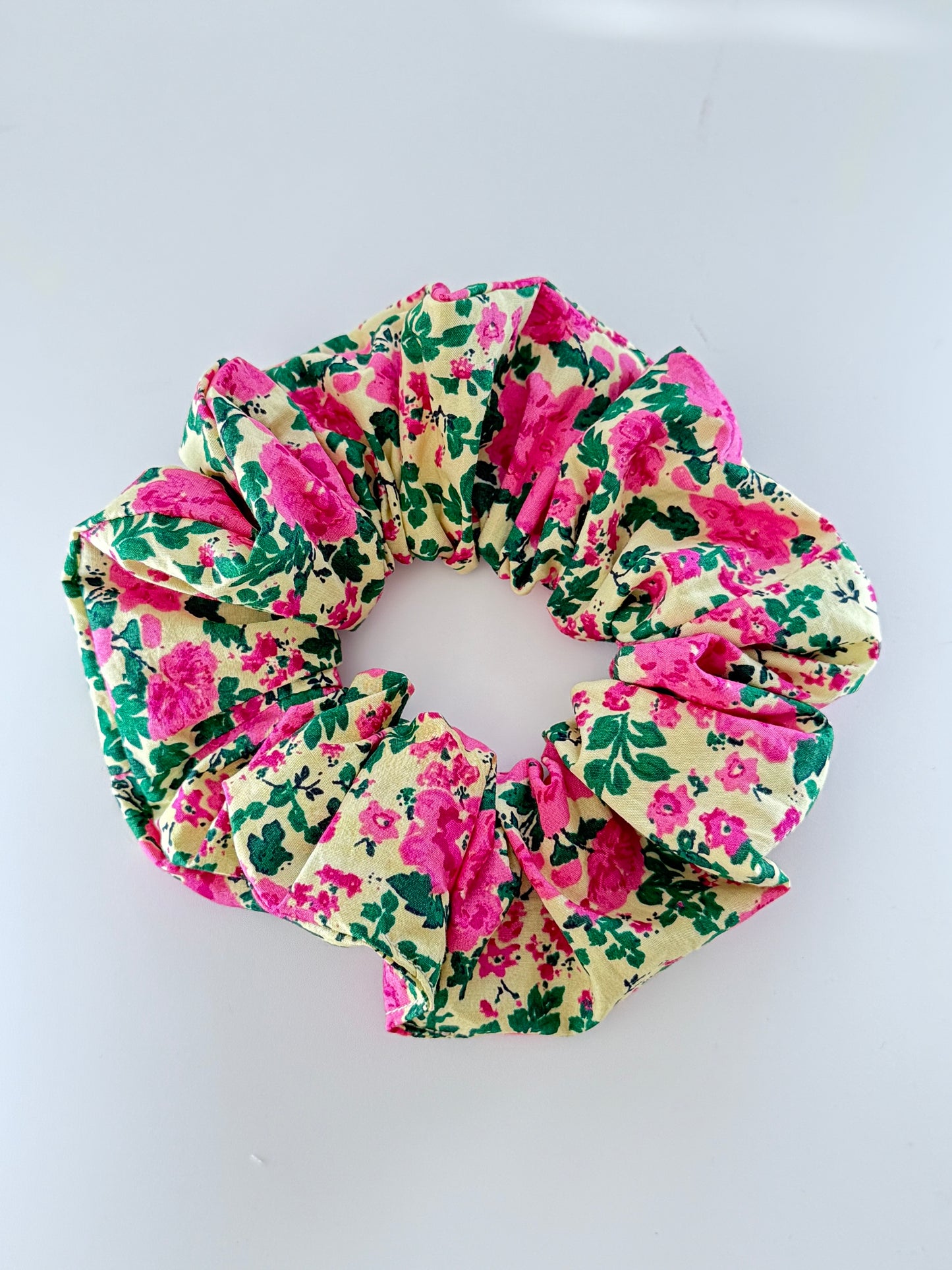 Boho Upcycled Pink Floral Hair Scrunchie – Handmade & One of a Kind