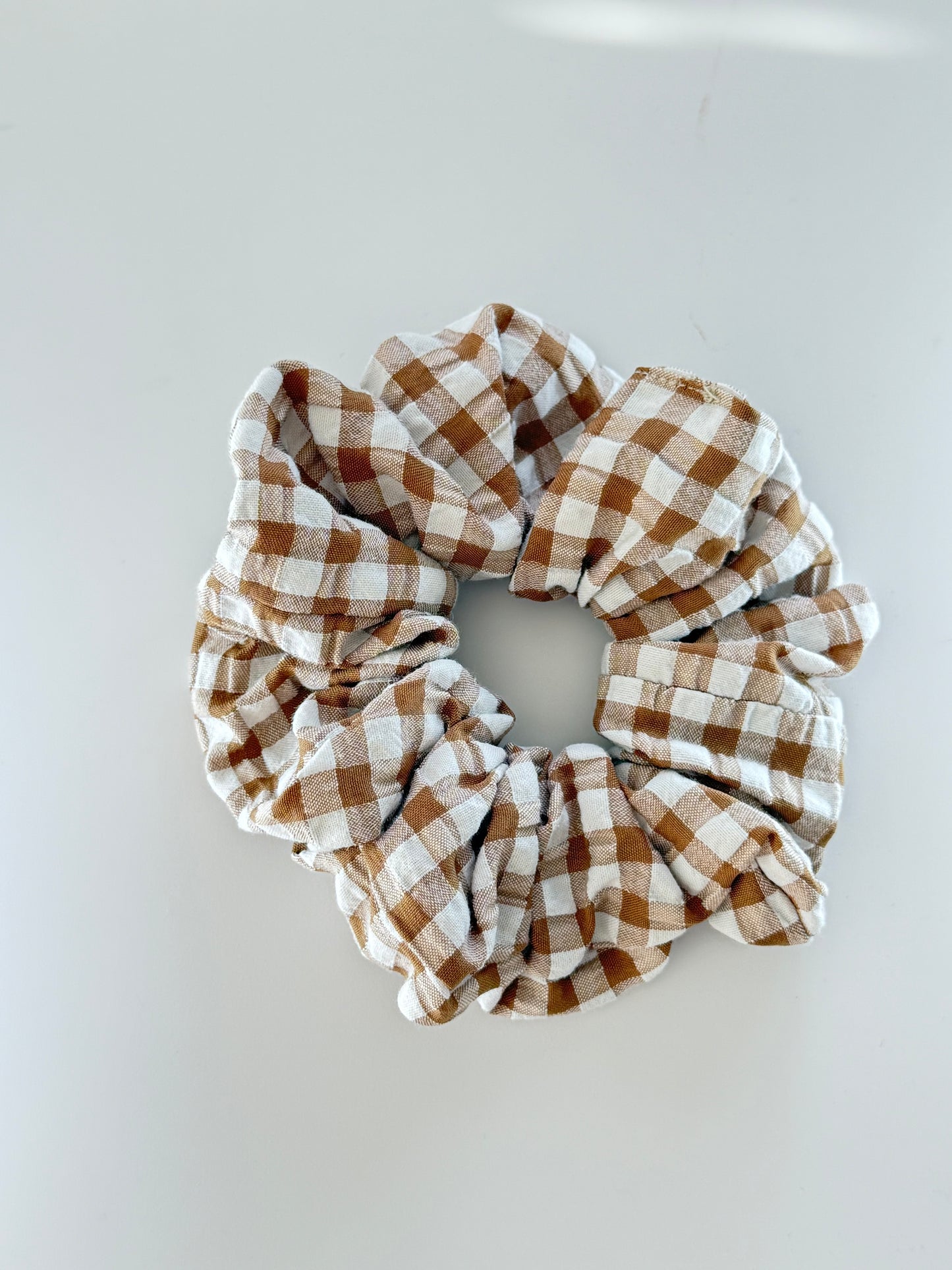Boho Upcycled Coffee Gingham Hair Scrunchie – Handmade & One of a Kind
