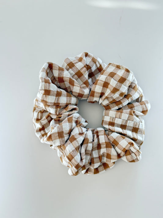 Boho Upcycled Coffee Gingham Hair Scrunchie – Handmade & One of a Kind