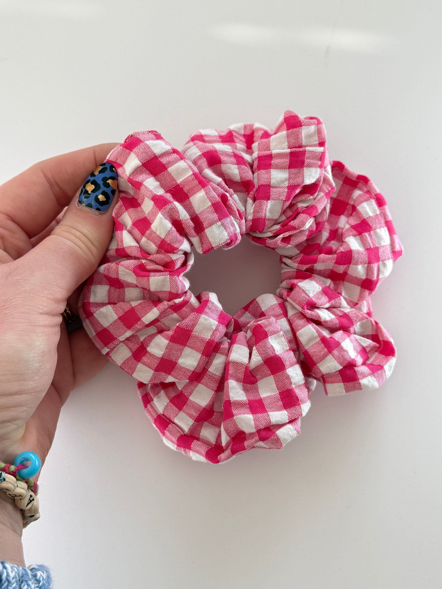 Boho Upcycled Pink Gingham Hair Scrunchie – Handmade & One of a Kind