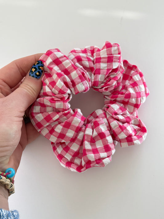 Boho Upcycled Pink Gingham Hair Scrunchie – Handmade & One of a Kind