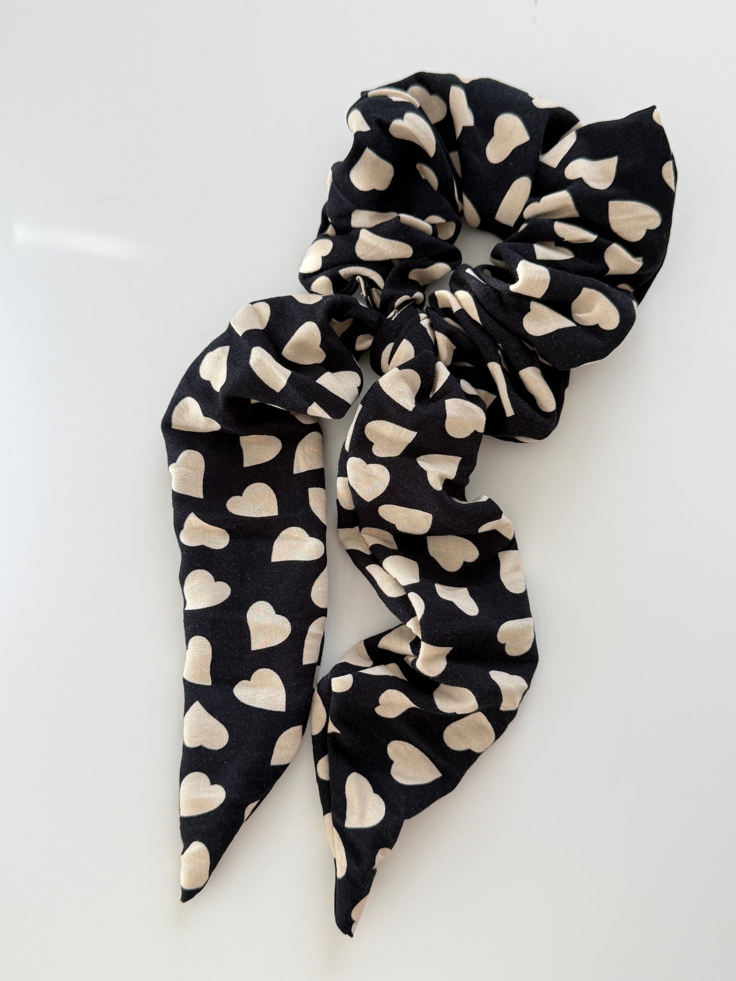 Upcycled Cream Hearts Scarf Scrunchie – Handmade & One of a Kind