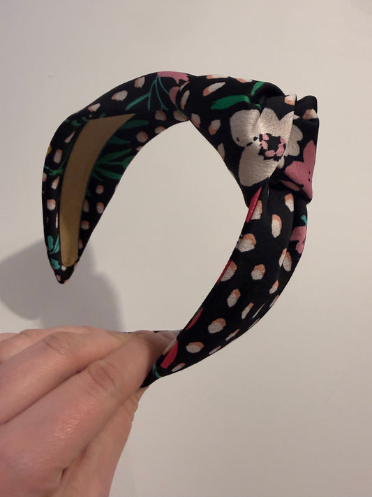 Boho Upcycled Knotted Headband – Black Floral