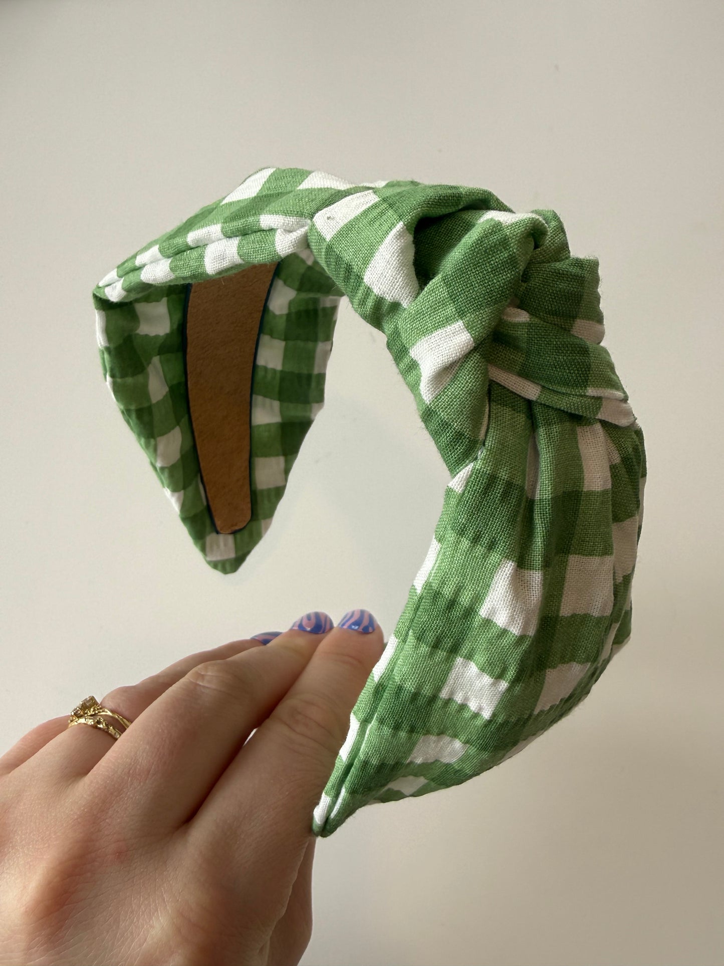 Boho Knotted Headband – Textured Green Gingham