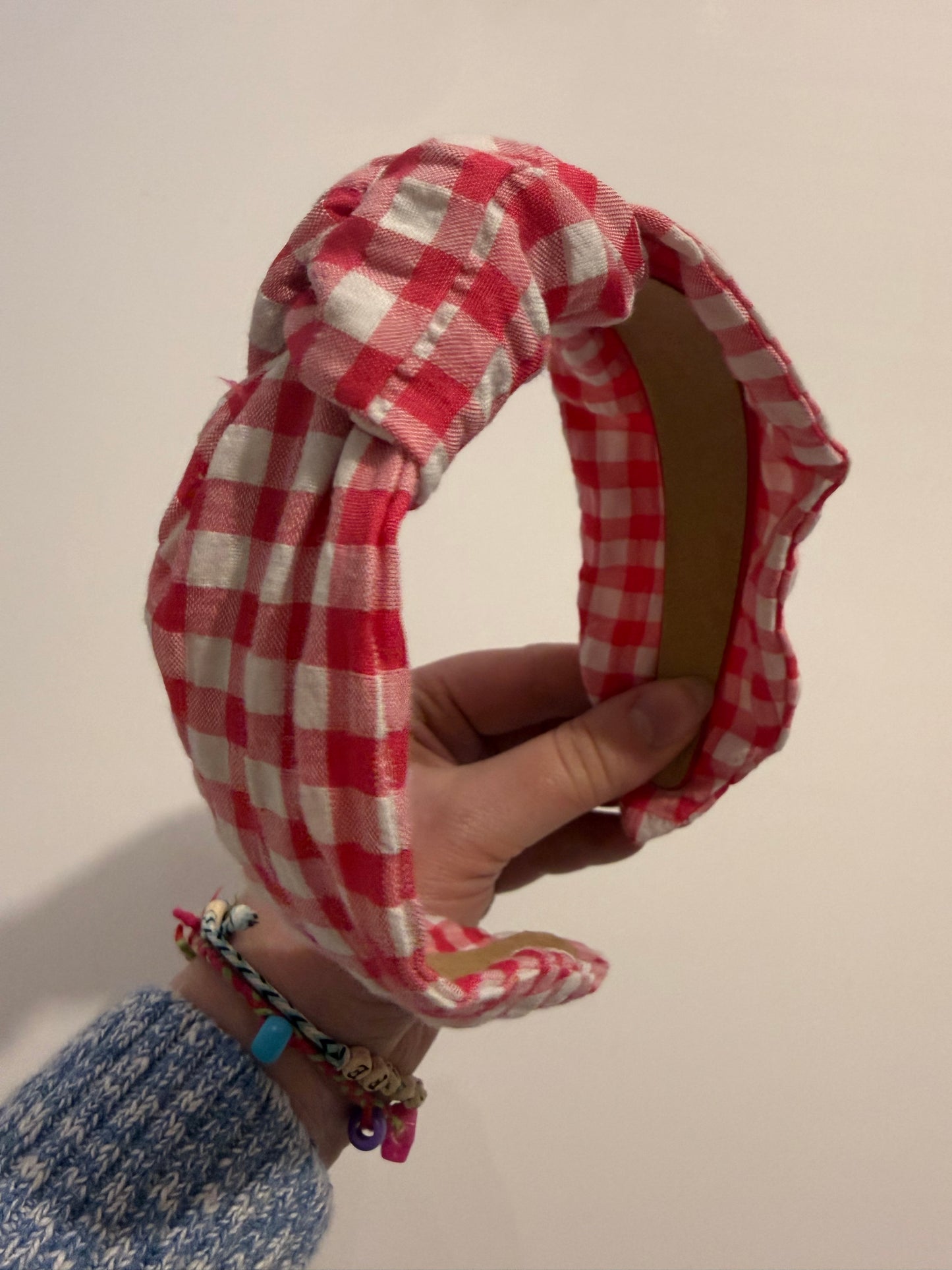 Boho Upcycled Knotted Headband – Pink Gingham