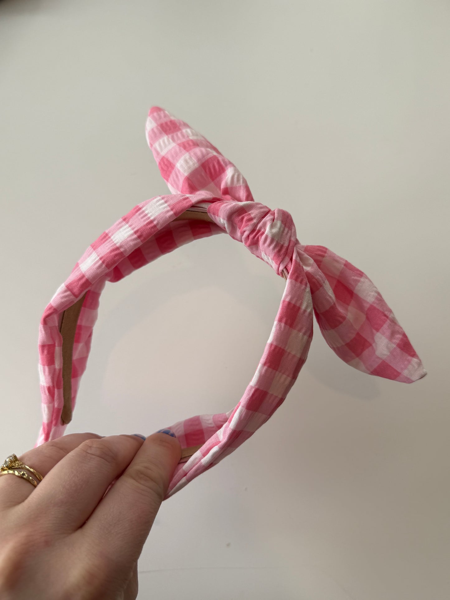 Boho Bow Headband – Textured Pink Gingham