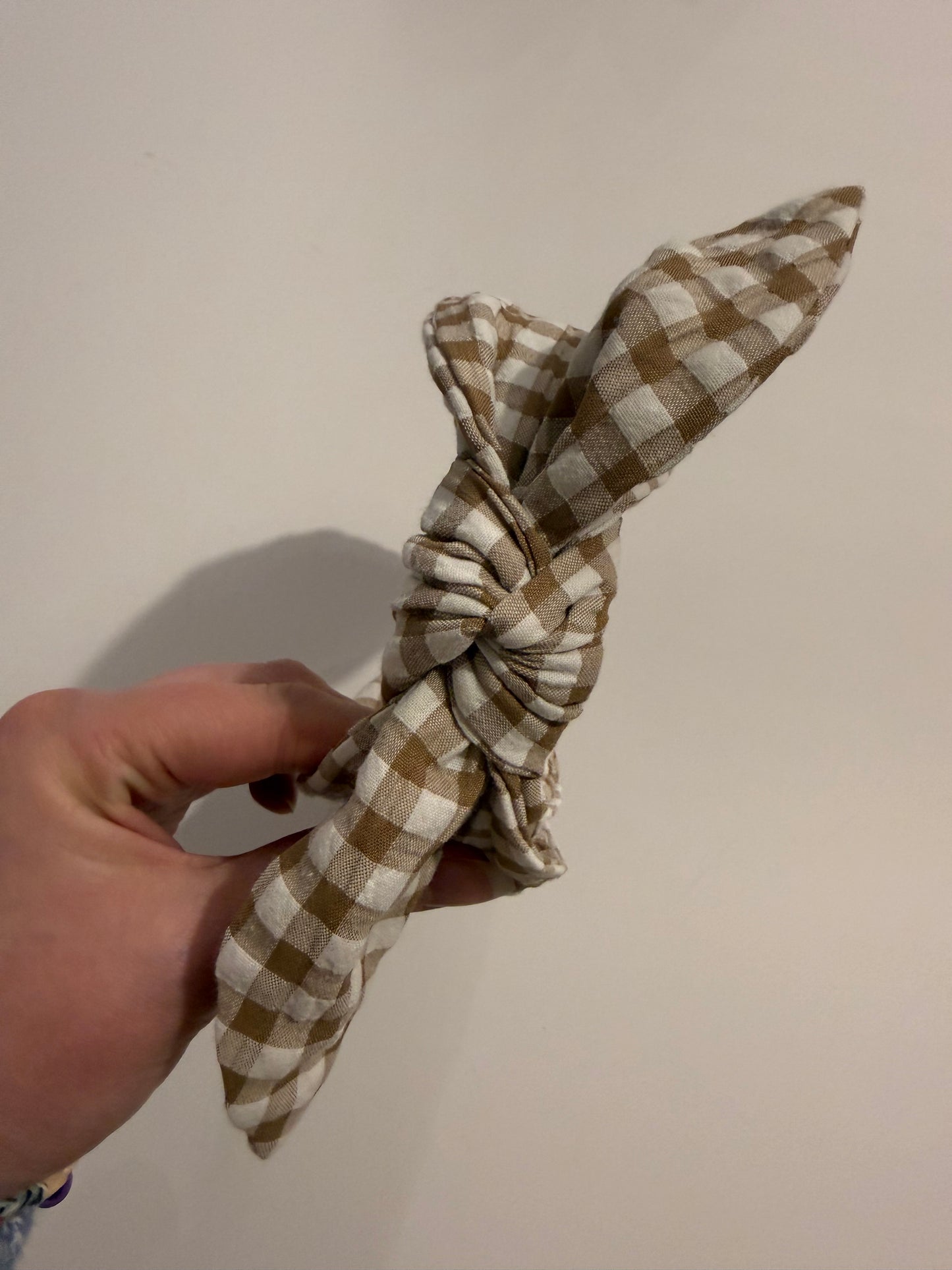 Boho Upcycled Bow Headband – Coffee Gingham