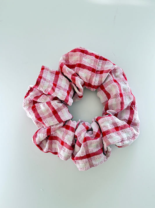 Boho Upcycled Pink and Red Check Hair Scrunchie – Handmade & One of a Kind