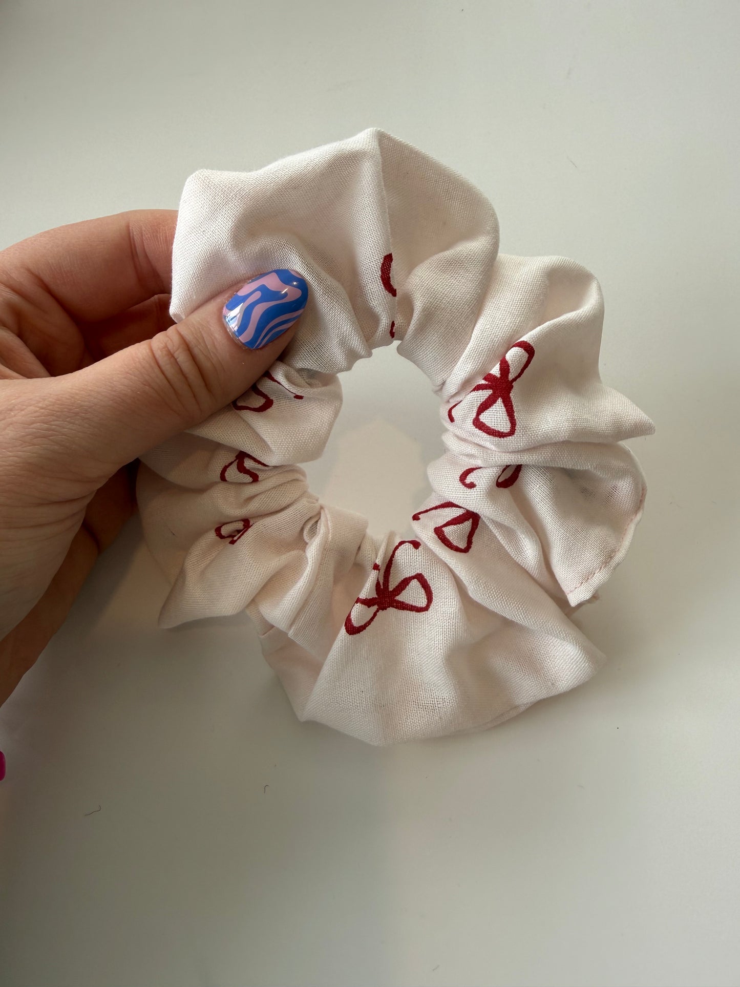 Boho Red Bow Print Hair Scrunchie – Handmade & One of a Kind