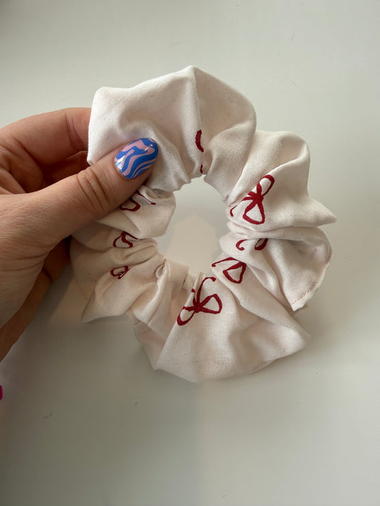 Boho Red Bow Print Hair Scrunchie – Handmade & One of a Kind