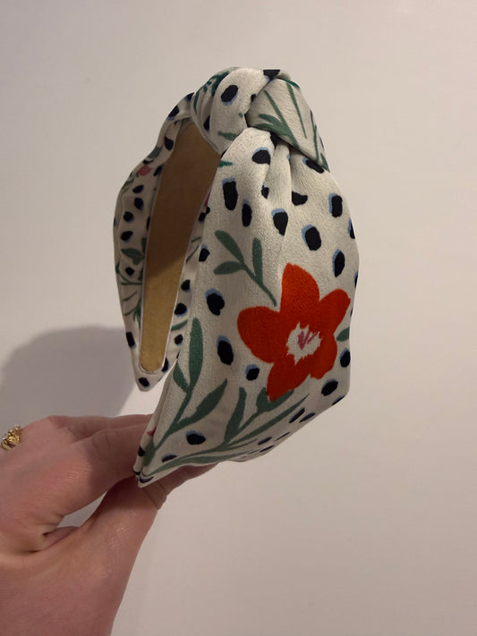 Boho Upcycled Knotted Headband – White Floral