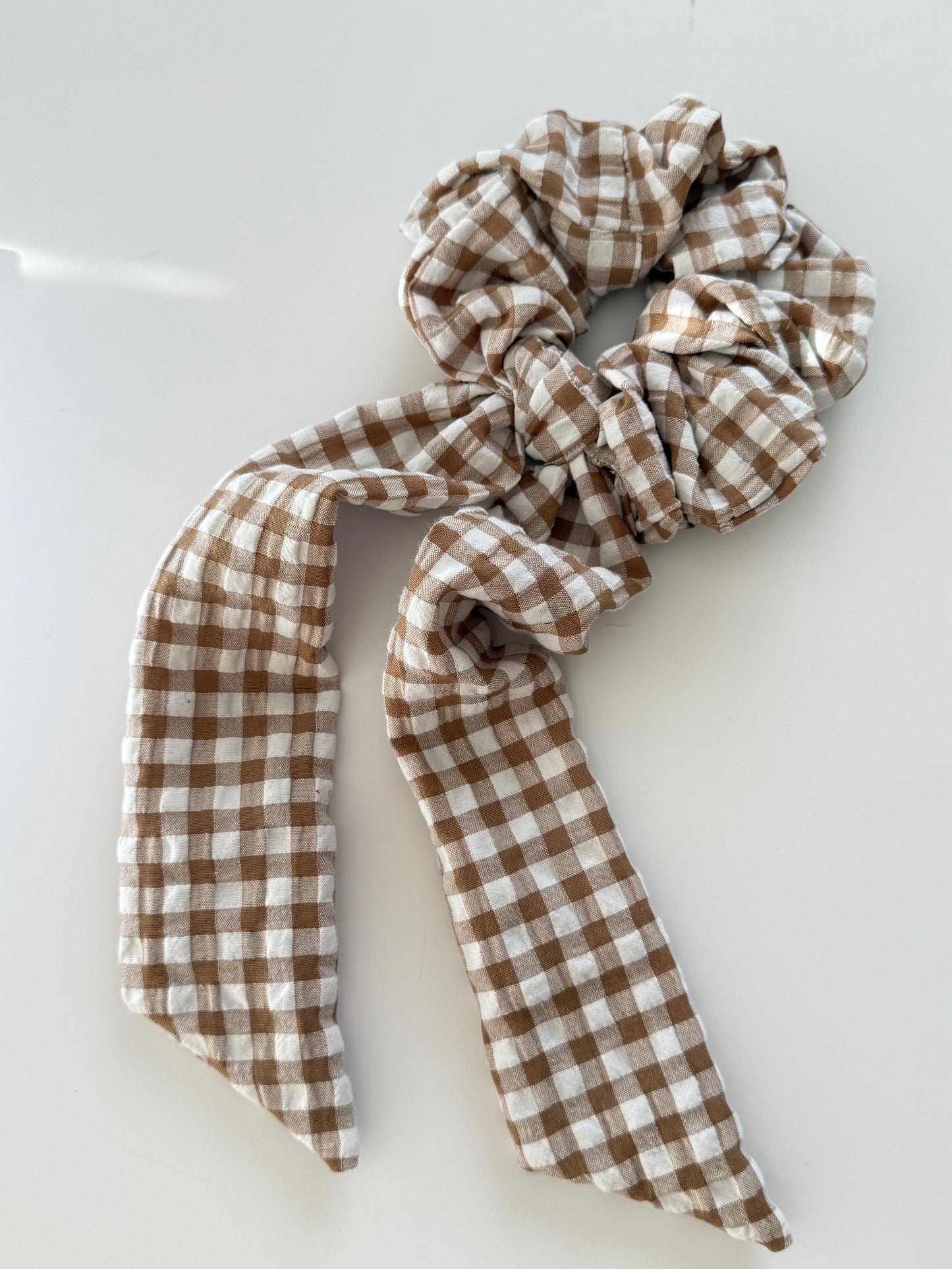 Upcycled Coffee Gingham Scarf Scrunchie – Handmade & One of a Kind