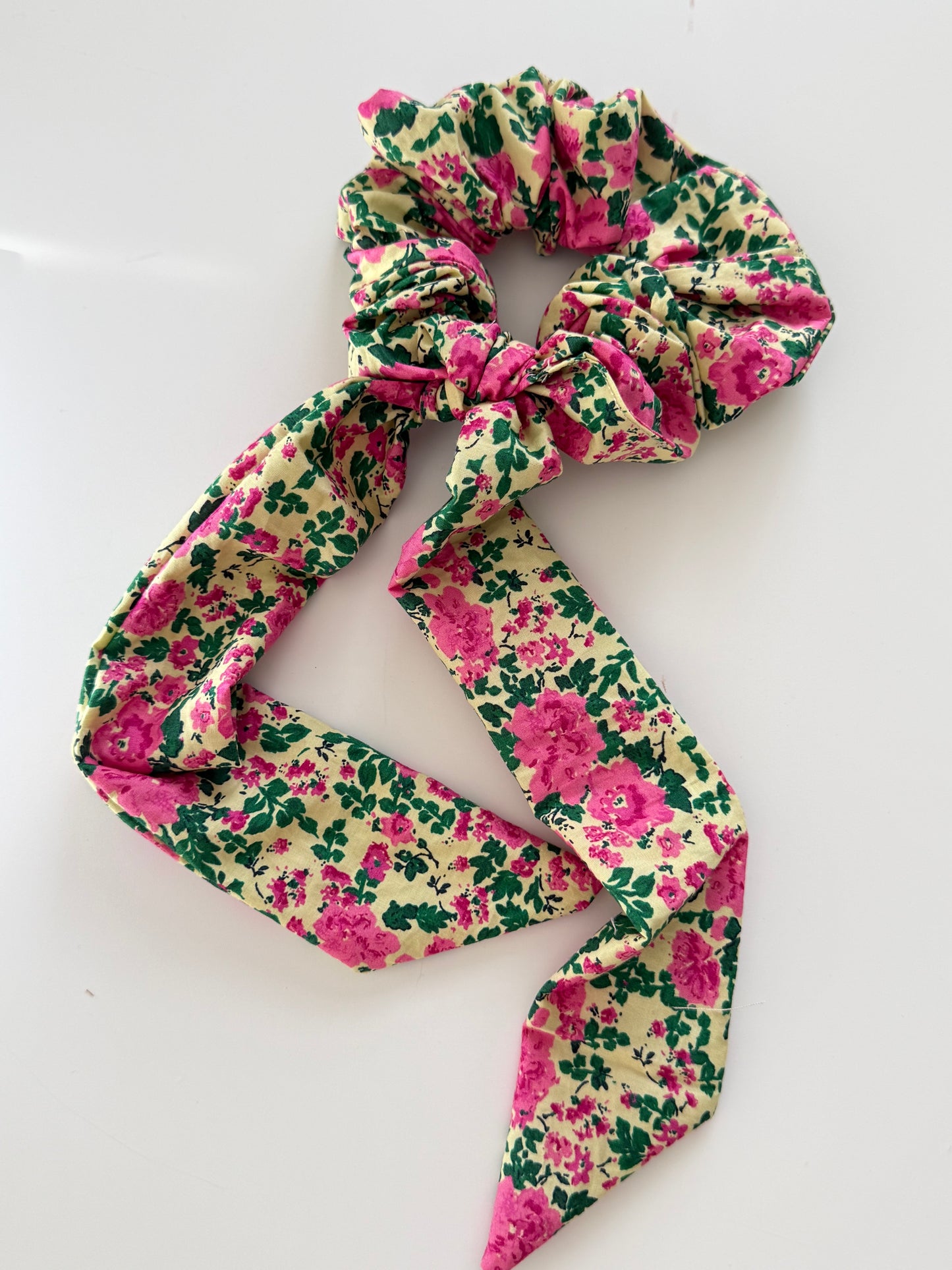 Upcycled Pink Floral Scarf Scrunchie – Handmade & One of a Kind