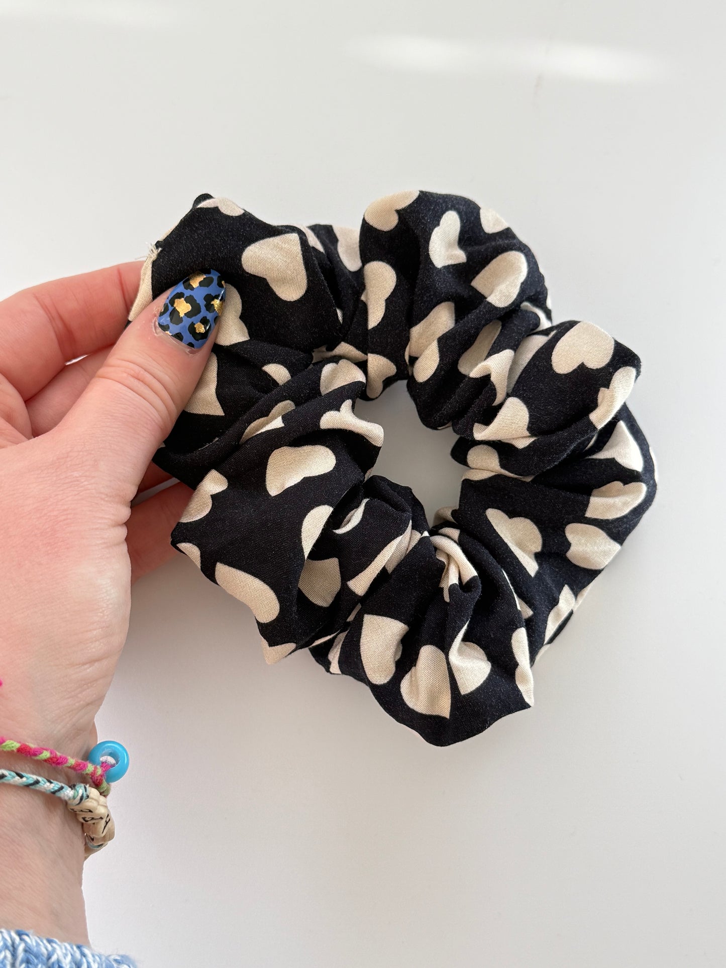 Boho Upcycled Cream Hearts Hair Scrunchie – Handmade & One of a Kind