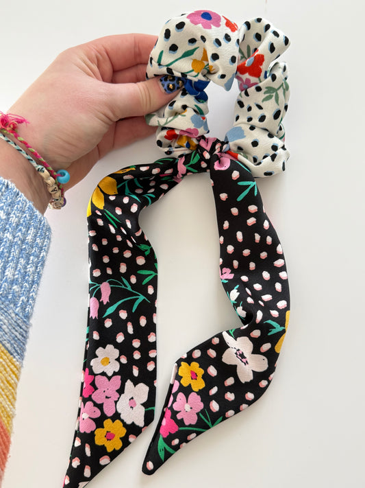 Upcycled Two-Tone Floral Scarf Scrunchie – Handmade & One of a Kind