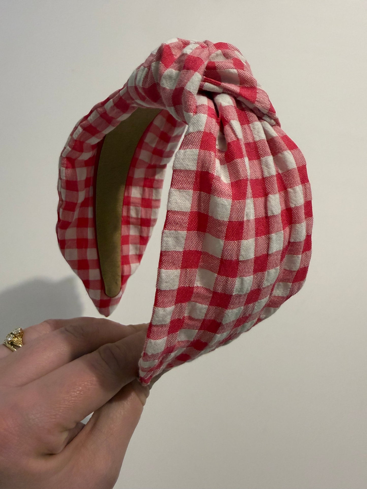 Boho Upcycled Knotted Headband – Pink Gingham