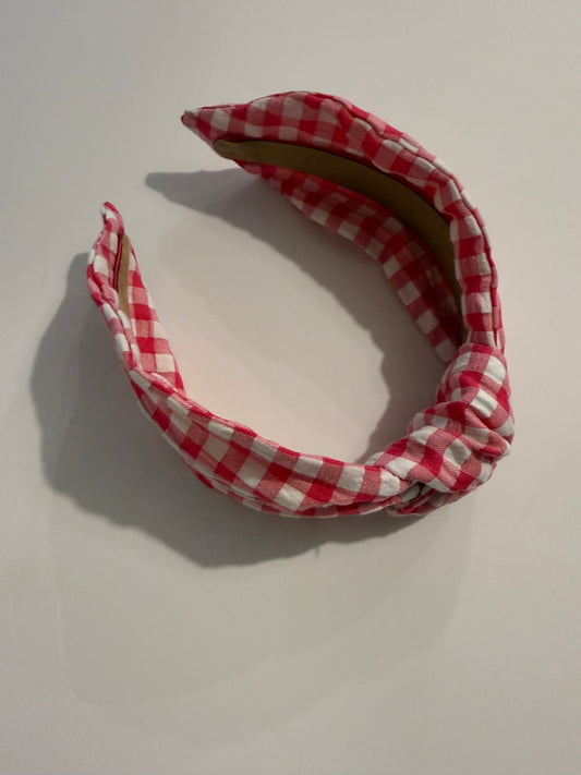 Boho Upcycled Knotted Headband – Pink Gingham