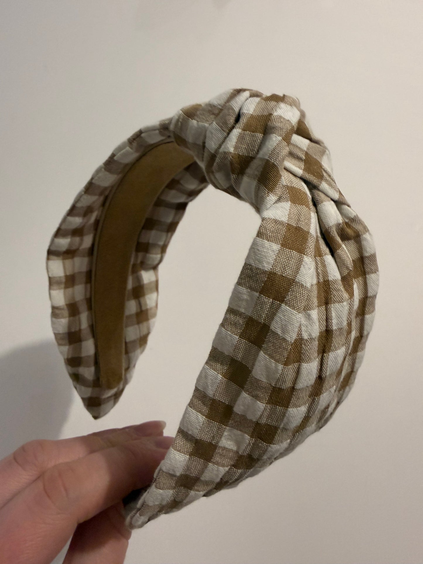 Boho Upcycled Knotted Headband – Coffee Gingham