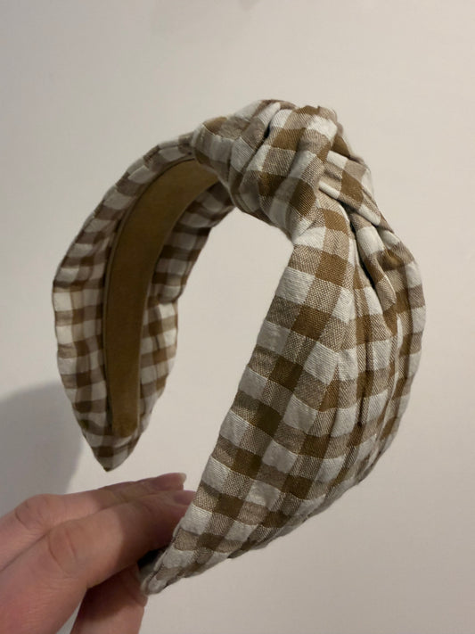 Boho Upcycled Knotted Headband – Coffee Gingham