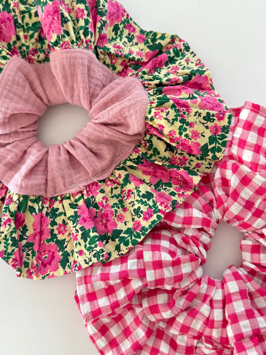 *SAMPLE* Boho Upcycled Large Frill Pink Floral Hair Scrunchie – Handmade & One of a Kind