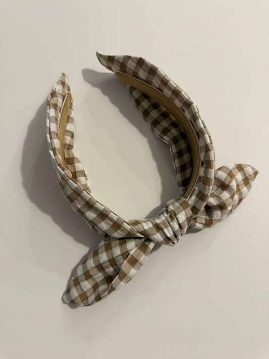 Boho Upcycled Bow Headband – Coffee Gingham