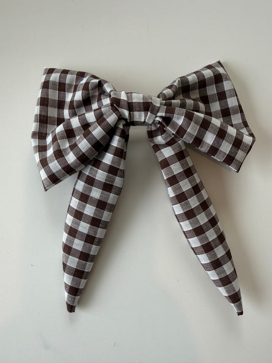 Chocolate Brown Gingham Hair Bow Clip – Handmade & One of a Kind