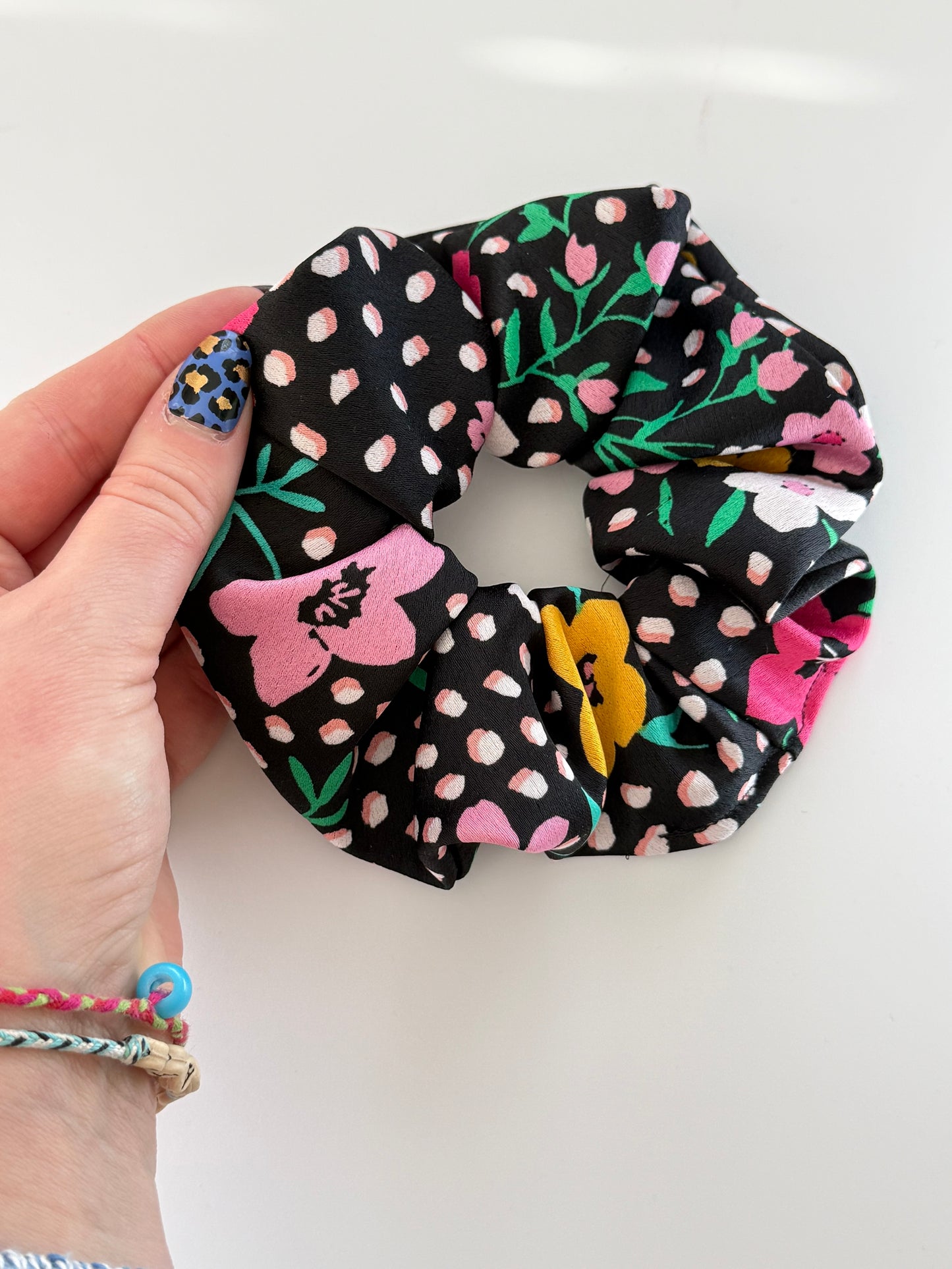 Boho Upcycled Bright Florals Hair Scrunchie – Handmade & One of a Kind