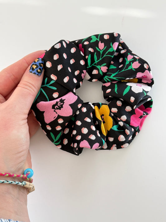 Boho Upcycled Bright Florals Hair Scrunchie – Handmade & One of a Kind