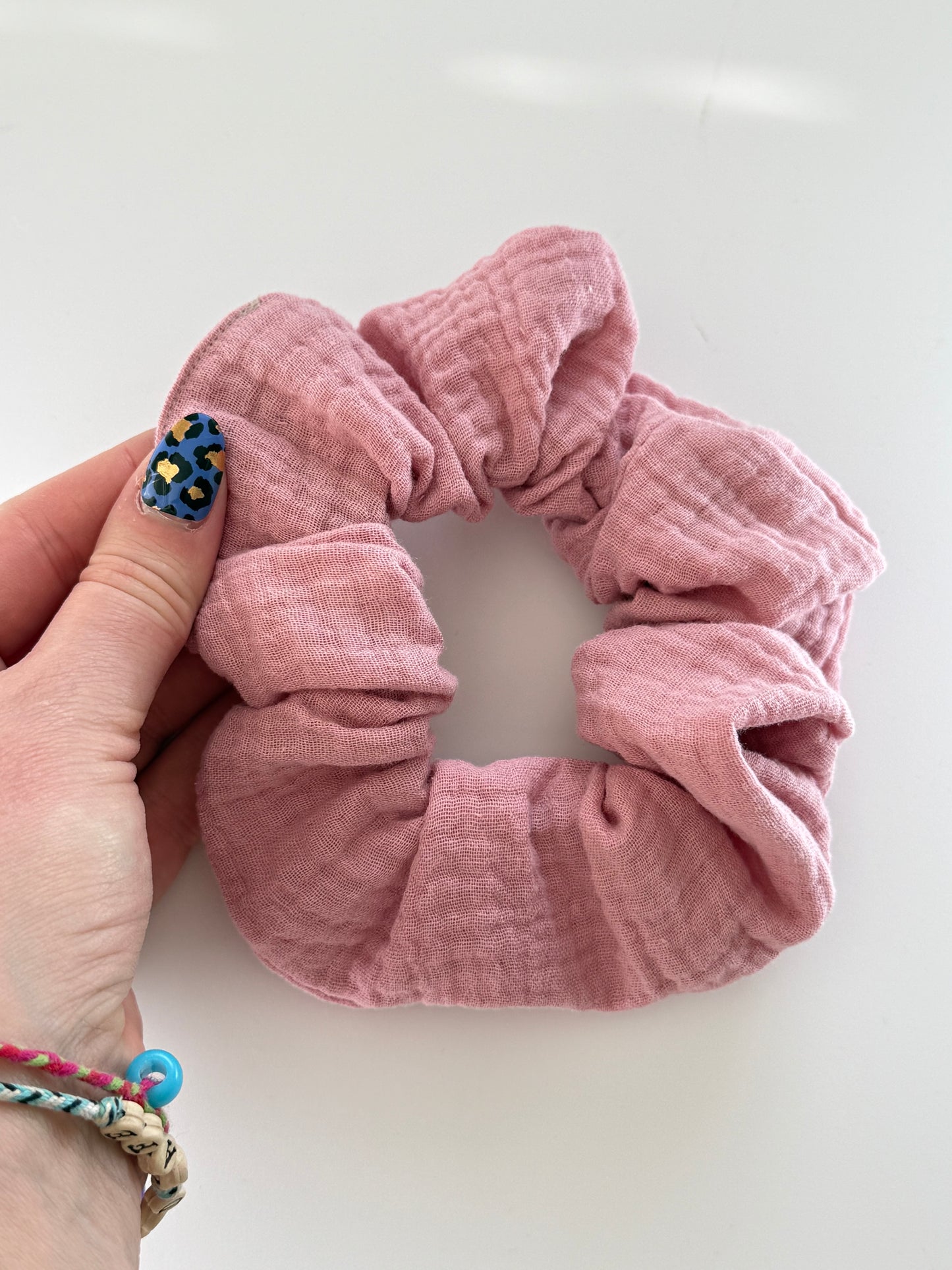 Boho Upcycled Pink Hair Scrunchie – Handmade & One of a Kind