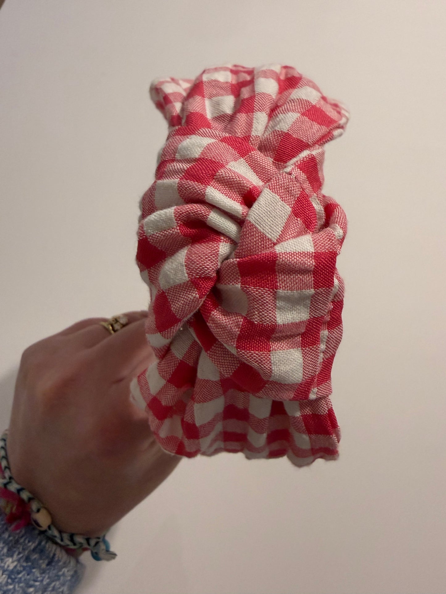 Boho Upcycled Knotted Headband – Pink Gingham
