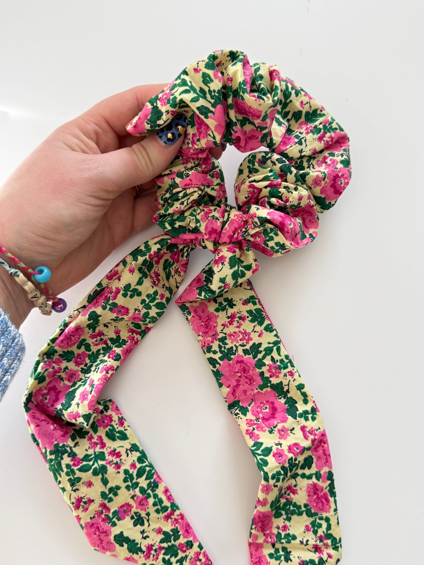 Upcycled Pink Floral Scarf Scrunchie – Handmade & One of a Kind