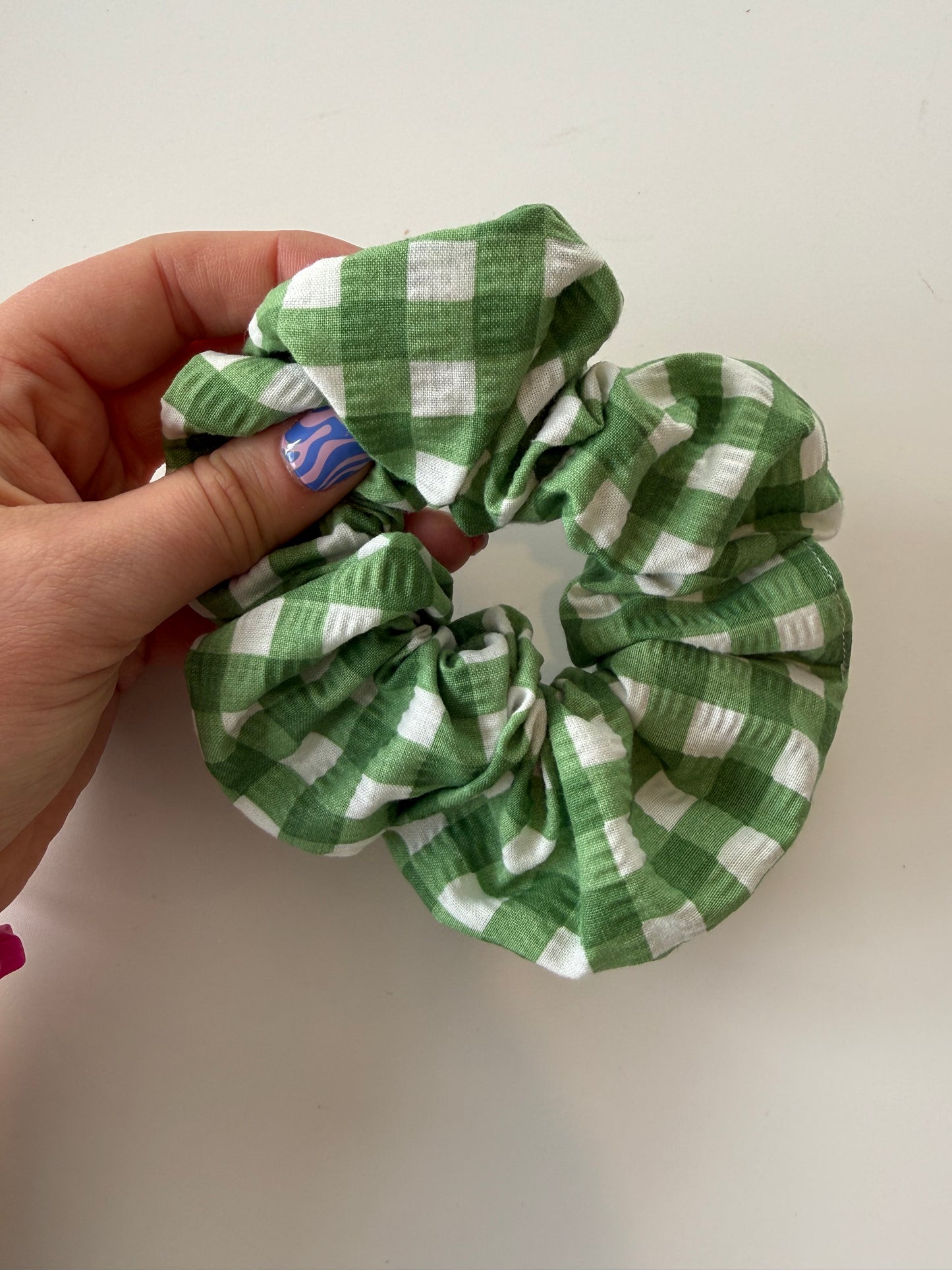 Boho Textures Green Gingham Hair Scrunchie – Handmade