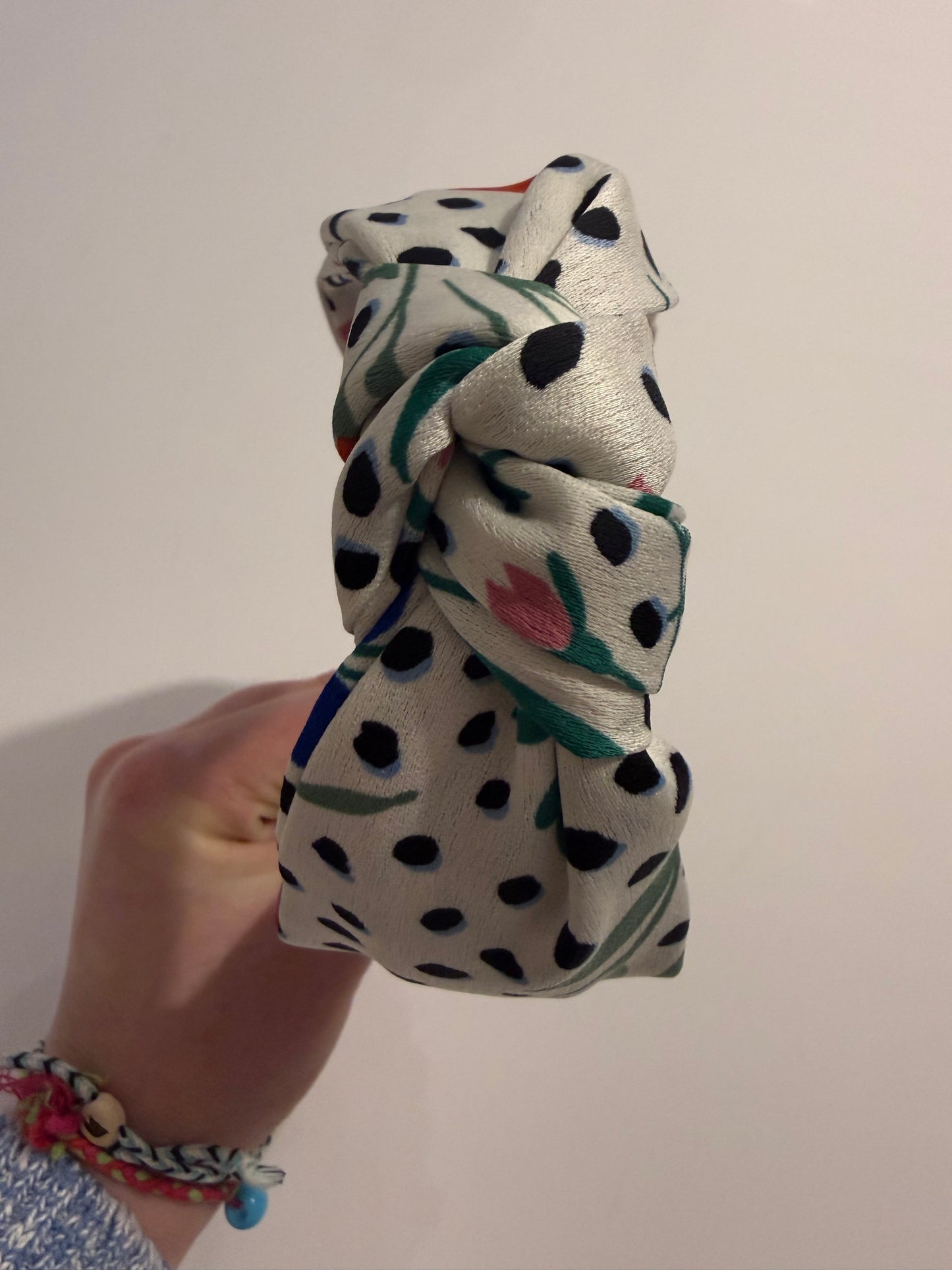 Boho Upcycled Knotted Headband – White Floral